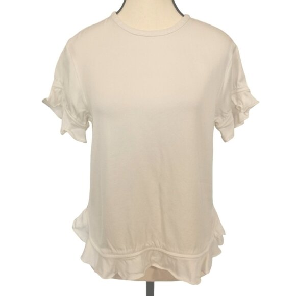 None Tops - Kate Spade Viscose Crepe Short Sleeve Ruffled Crew Neck Blouse in White - Sz S